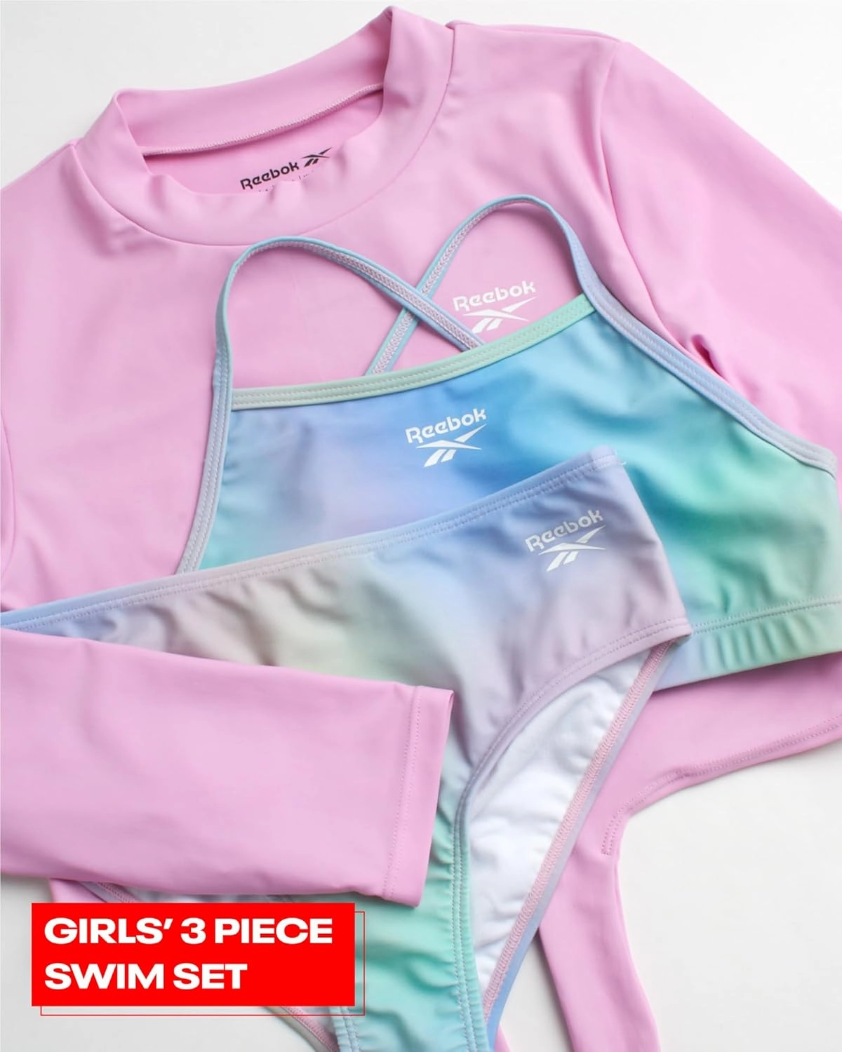 Reebok Girls' Rash Guard Set - 3 Piece UPF 50  Long Sleeve Swim Shirt with Bikini Swimsuit - Swimwear Set for Girls (4-16)