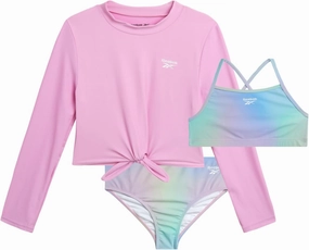Reebok Girls' Rash Guard Set - 3 Piece UPF 50  Long Sleeve Swim Shirt with Bikini Swimsuit - Swimwear Set for Girls (4-16)