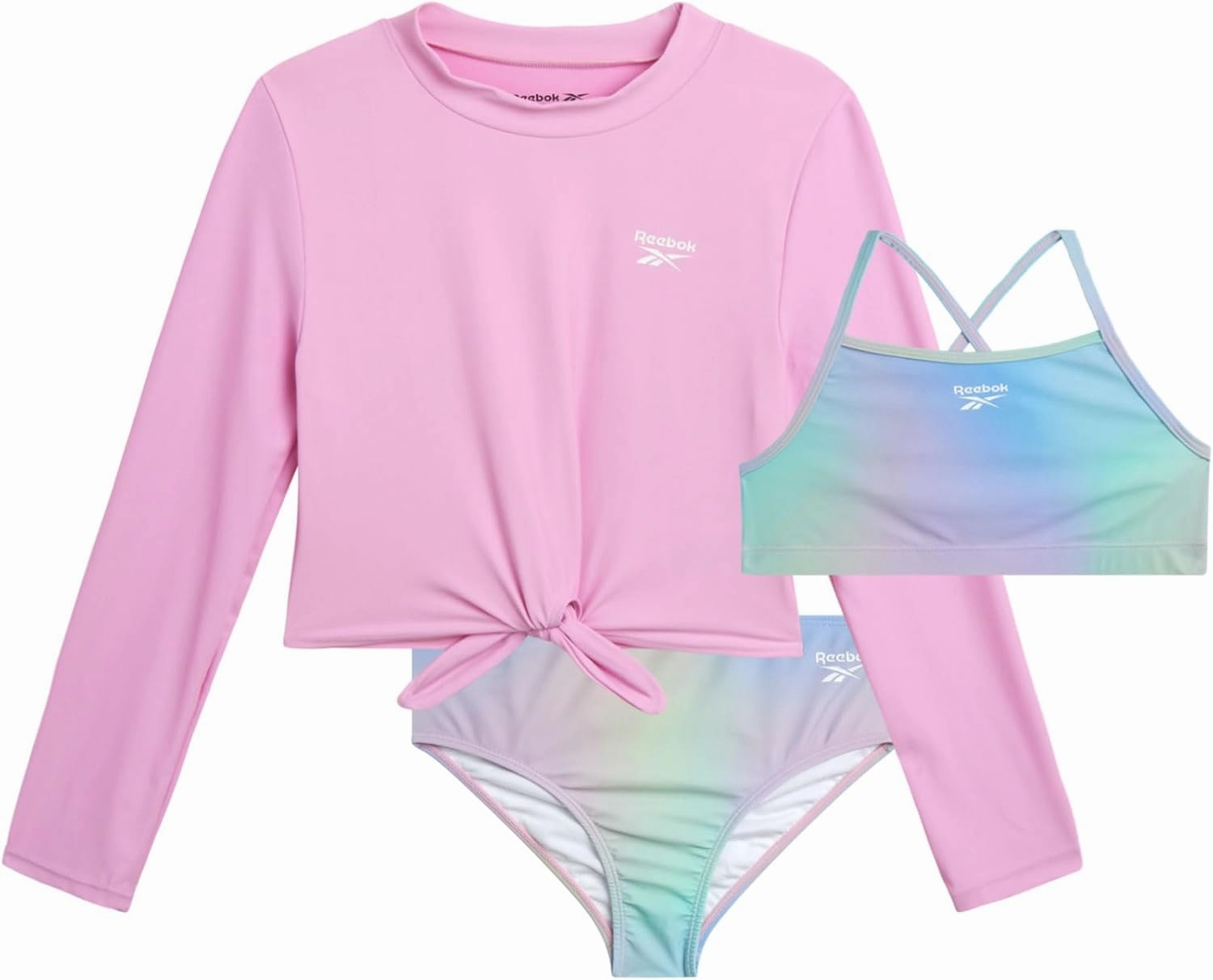Reebok Girls' Rash Guard Set - 3 Piece UPF 50  Long Sleeve Swim Shirt with Bikini Swimsuit - Swimwear Set for Girls (4-16)