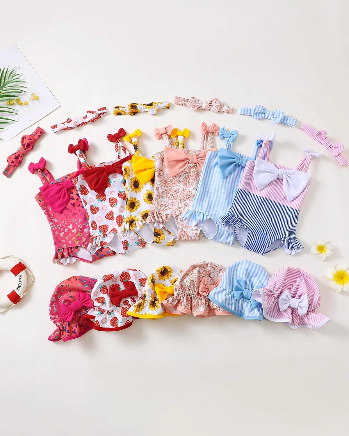 Renotemy Baby Girl Swimsuit Infant Bathing Suit Swimwear Sleeveless Bikini Tankini Toddler Girl One-Piece Swimsuit with Hat
