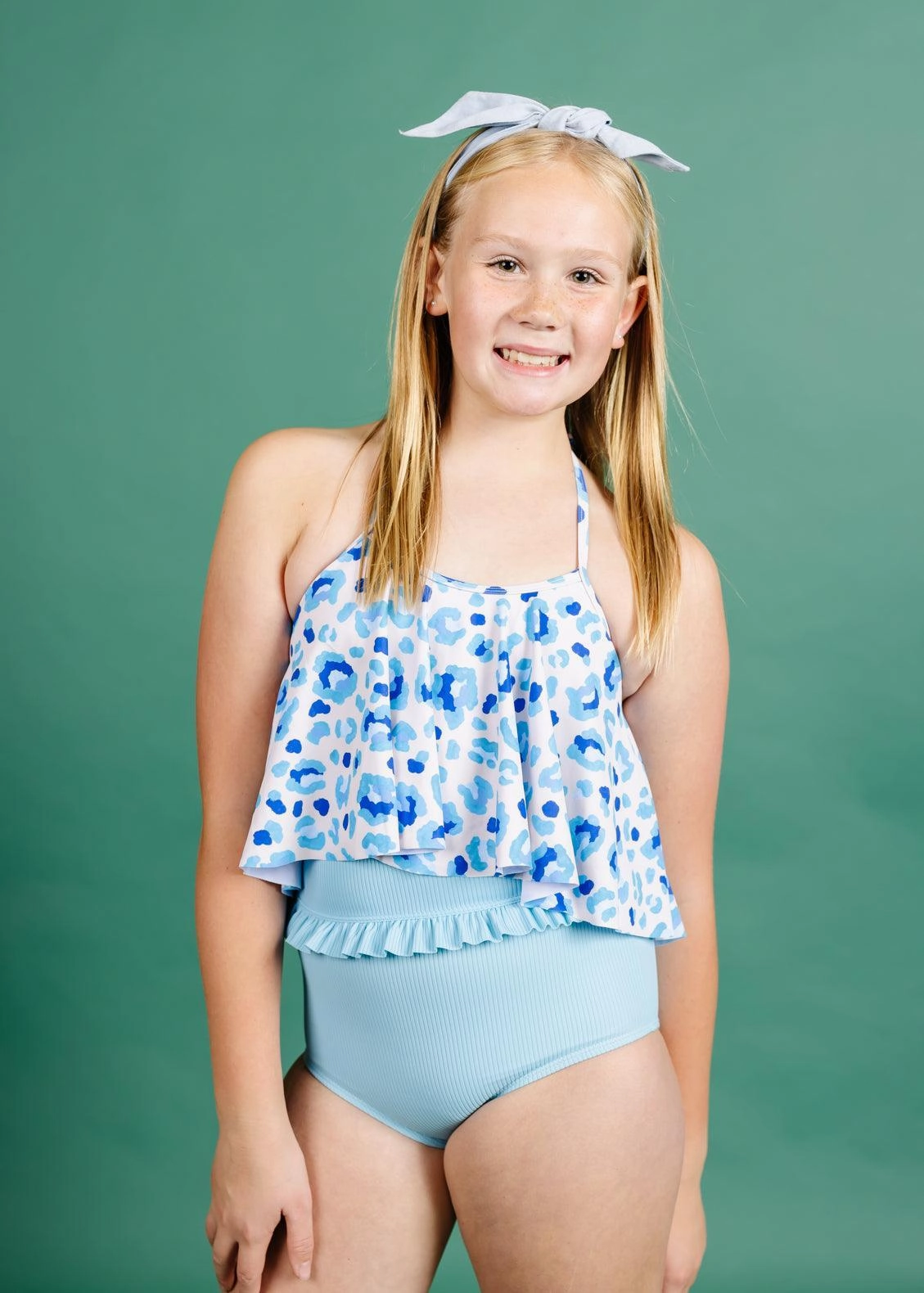 Ribbed Fresh Blue | Youth Mid-Ruffle Bottoms