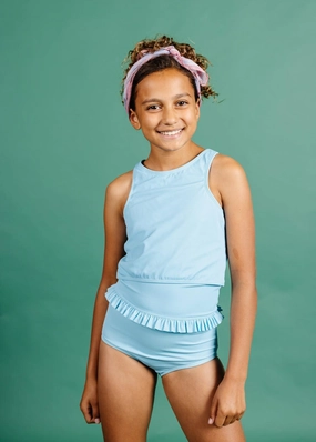 Ribbed Fresh Blue | Youth Mid-Ruffle Bottoms