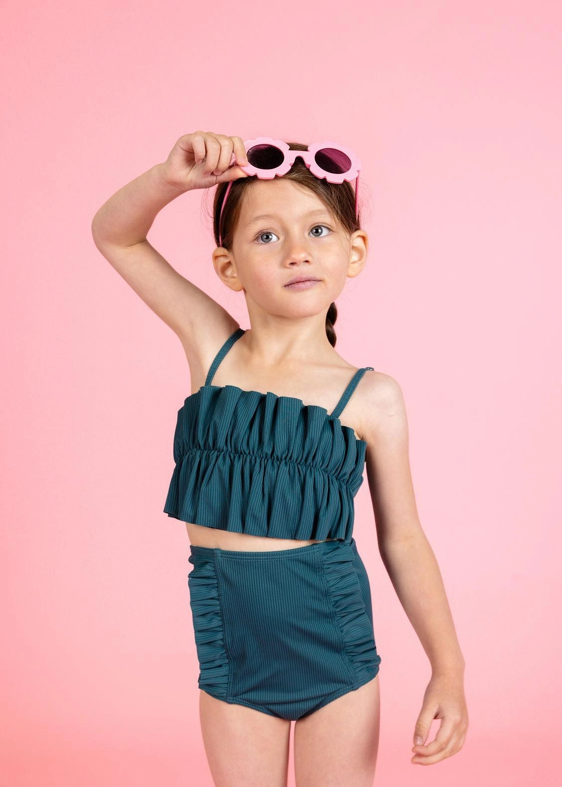 Ribbed Midnight Teal | Mini Down in Front Ruffle Bottoms