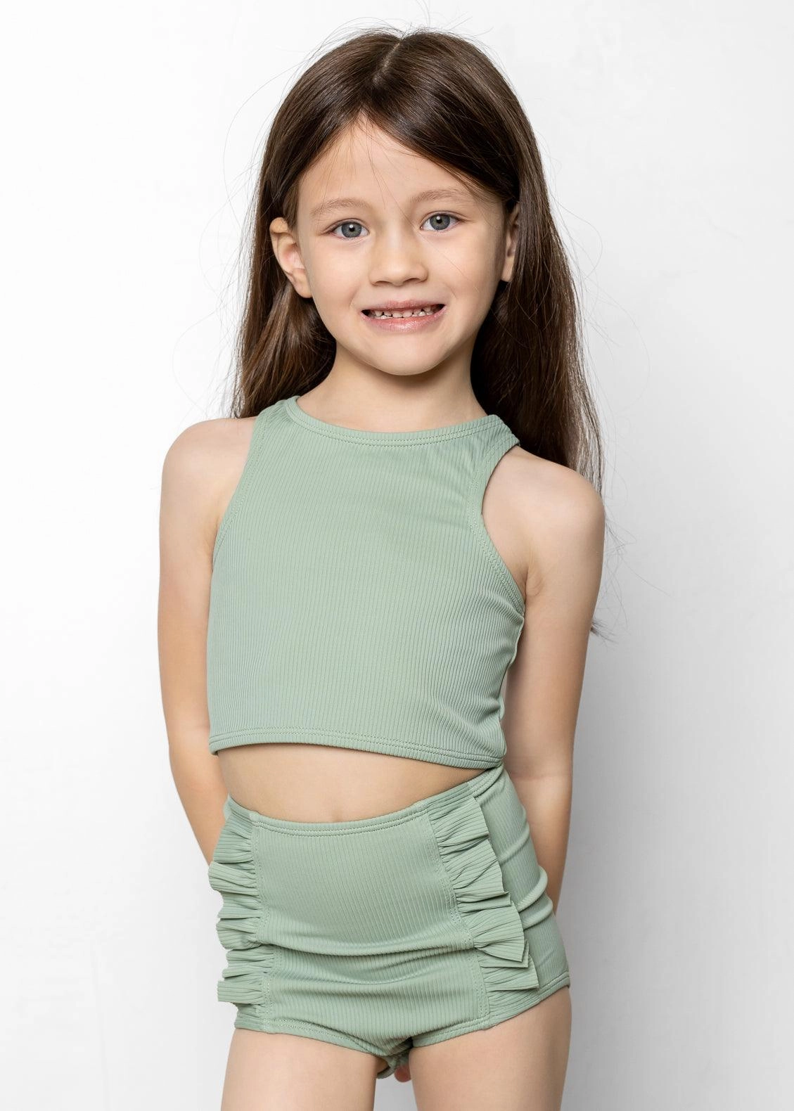 Ribbed Sage | Mini Down in Front Ruffle Bottoms