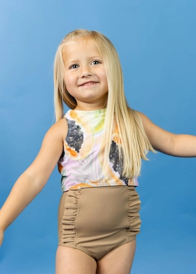 Ribbed Sand Brown | Mini Down in Front Ruffle Bottoms