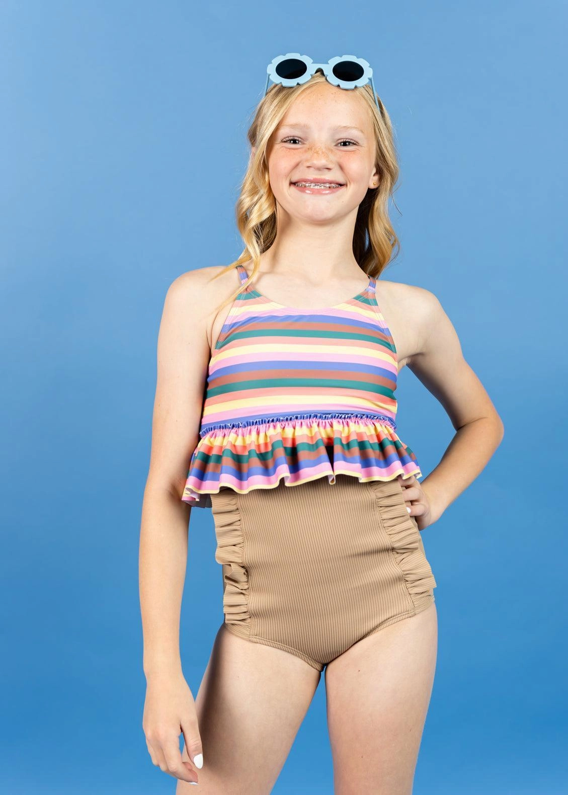 Ribbed Sand Brown | Youth Down in Front Ruffle Bottoms