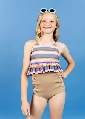Ribbed Sand Brown | Youth Down in Front Ruffle Bottoms