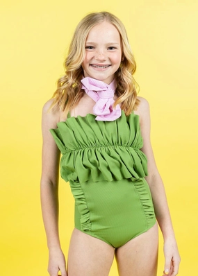 Ribbed Spring Green | Youth Down in Front Ruffle Bottoms