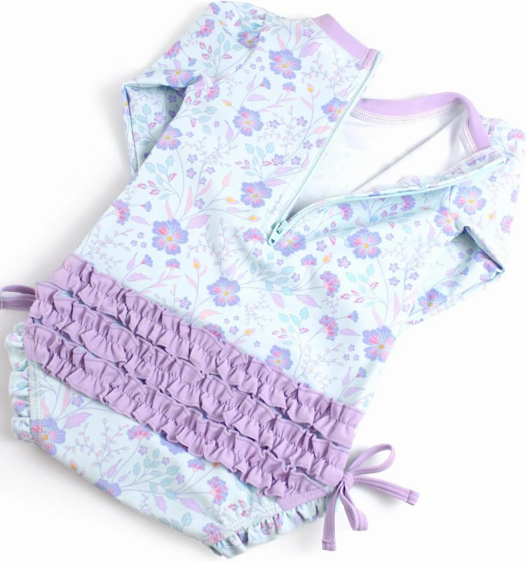 RuffleButts Baby Girls UPF 50  Sun Protection Floral Printed Long Sleeve One Piece Rash Guard Swimsuit with Zipper