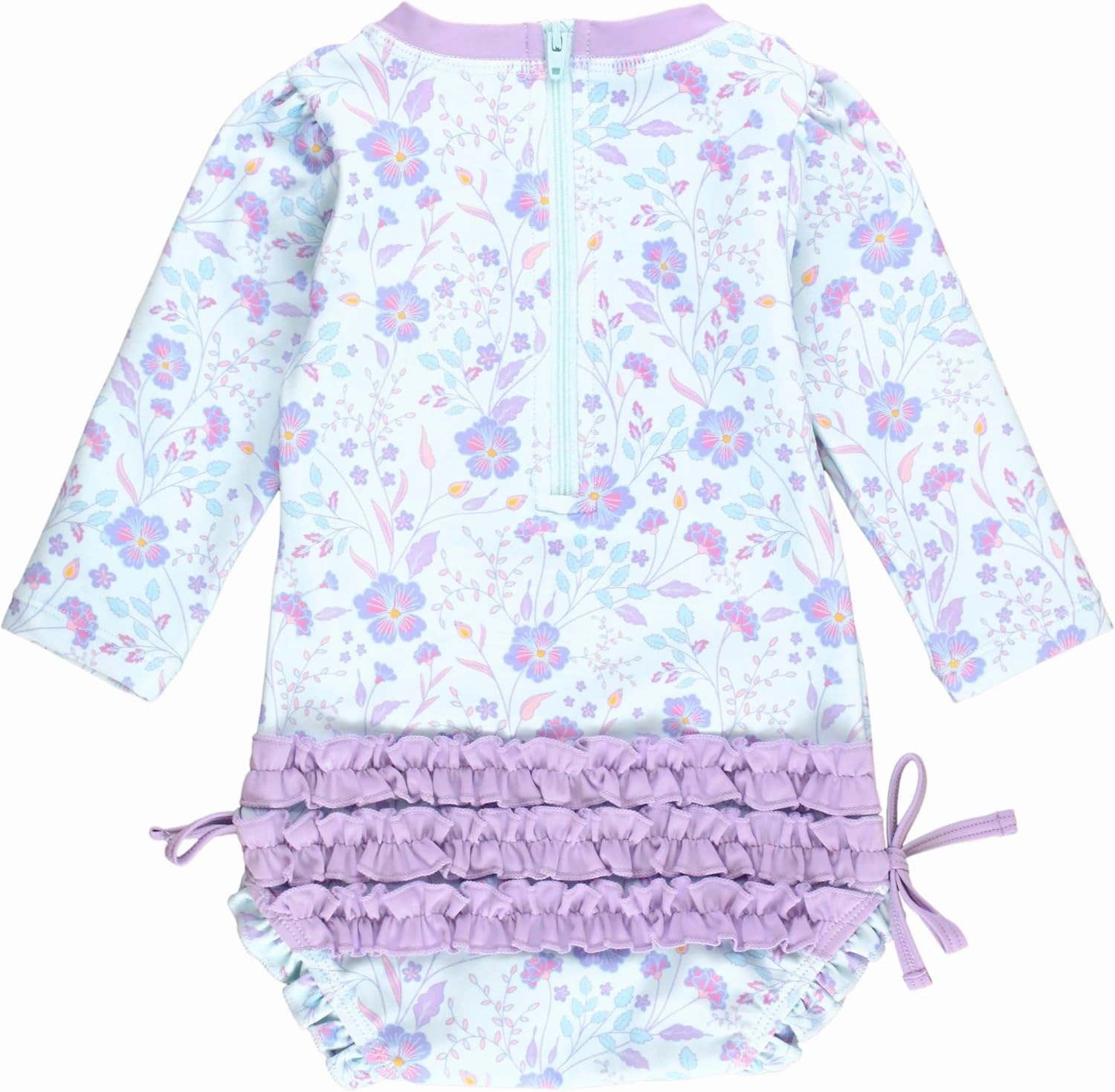 RuffleButts Baby Girls UPF 50  Sun Protection Floral Printed Long Sleeve One Piece Rash Guard Swimsuit with Zipper
