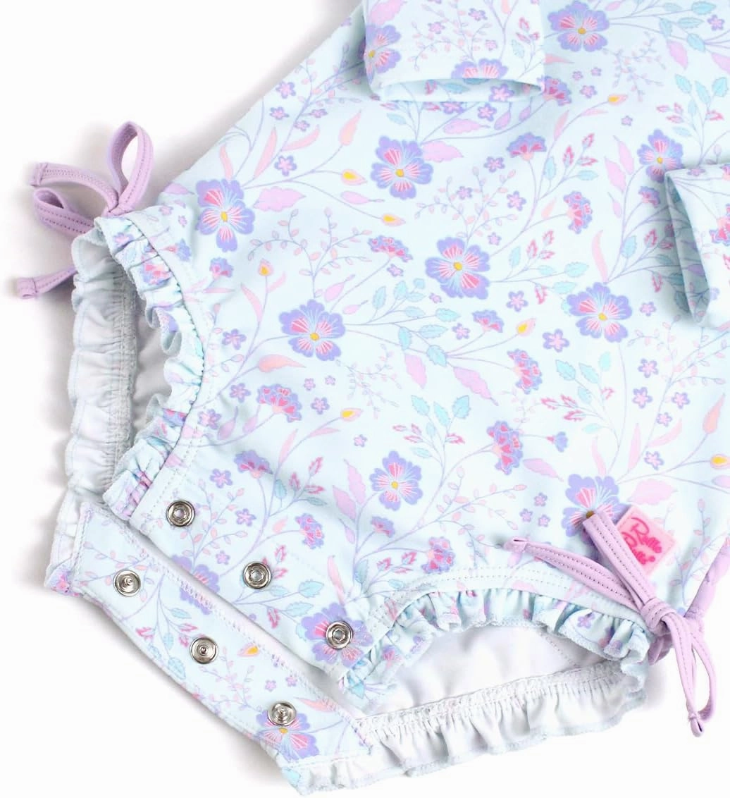RuffleButts Baby Girls UPF 50  Sun Protection Floral Printed Long Sleeve One Piece Rash Guard Swimsuit with Zipper