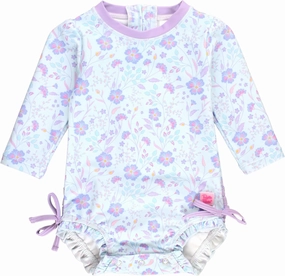 RuffleButts Baby Girls UPF 50  Sun Protection Floral Printed Long Sleeve One Piece Rash Guard Swimsuit with Zipper