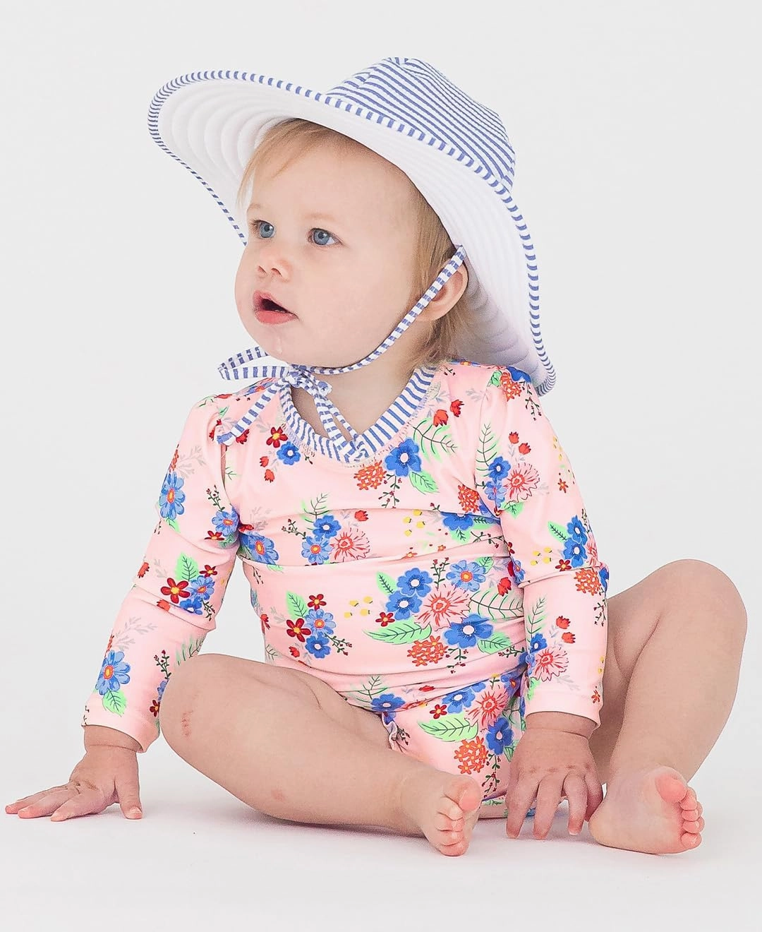 RuffleButts Baby Girls UPF 50  Sun Protection Floral Printed Long Sleeve One Piece Rash Guard Swimsuit with Zipper