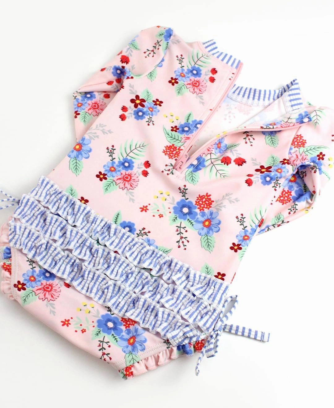 RuffleButts Baby Girls UPF 50  Sun Protection Floral Printed Long Sleeve One Piece Rash Guard Swimsuit with Zipper