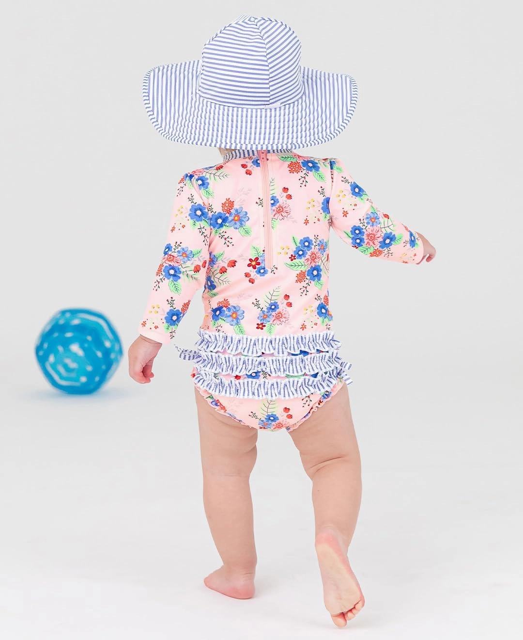 RuffleButts Baby Girls UPF 50  Sun Protection Floral Printed Long Sleeve One Piece Rash Guard Swimsuit with Zipper