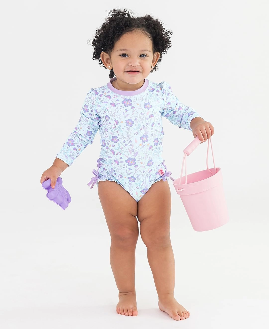 RuffleButts Baby Girls UPF 50  Sun Protection Floral Printed Long Sleeve One Piece Rash Guard Swimsuit with Zipper