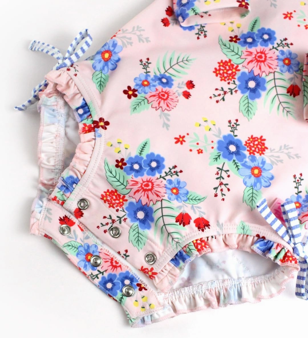 RuffleButts Baby Girls UPF 50  Sun Protection Floral Printed Long Sleeve One Piece Rash Guard Swimsuit with Zipper