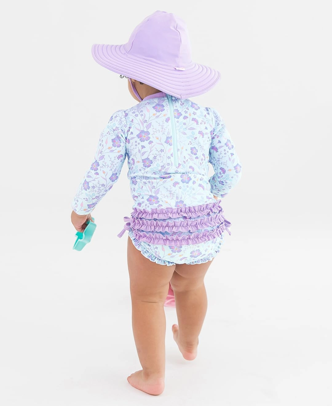 RuffleButts Baby Girls UPF 50  Sun Protection Floral Printed Long Sleeve One Piece Rash Guard Swimsuit with Zipper