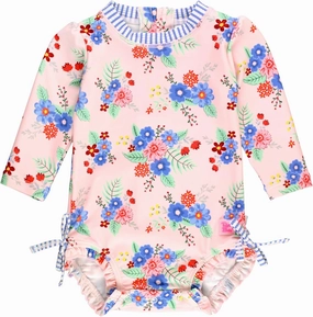 RuffleButts Baby Girls UPF 50  Sun Protection Floral Printed Long Sleeve One Piece Rash Guard Swimsuit with Zipper