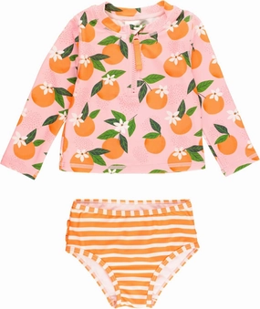 RuffleButts? Baby/Toddler Girls Long Sleeve Rash Guard 2 Piece Swimsuit Set w/UPF 50  Sun Protection with Zipper