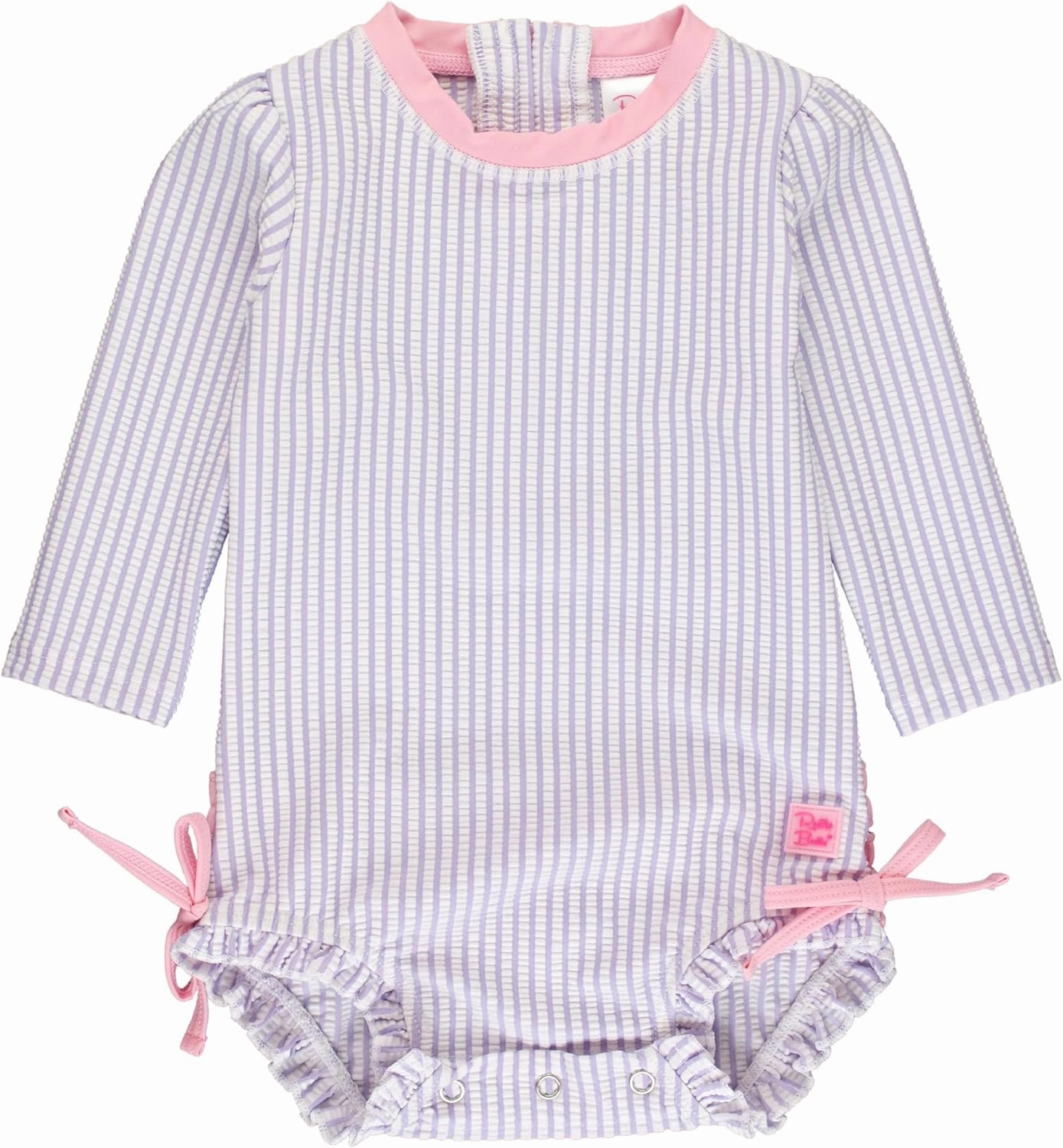 RuffleButts Baby/Toddler Girls Seersucker Long Sleeve One Piece Rash Guard Swimsuit with UPF 50  Sun Protection