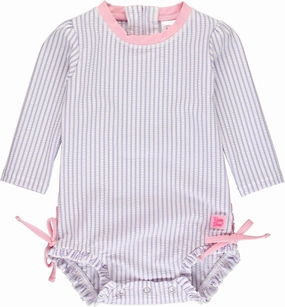 RuffleButts Baby/Toddler Girls Seersucker Long Sleeve One Piece Rash Guard Swimsuit with UPF 50  Sun Protection