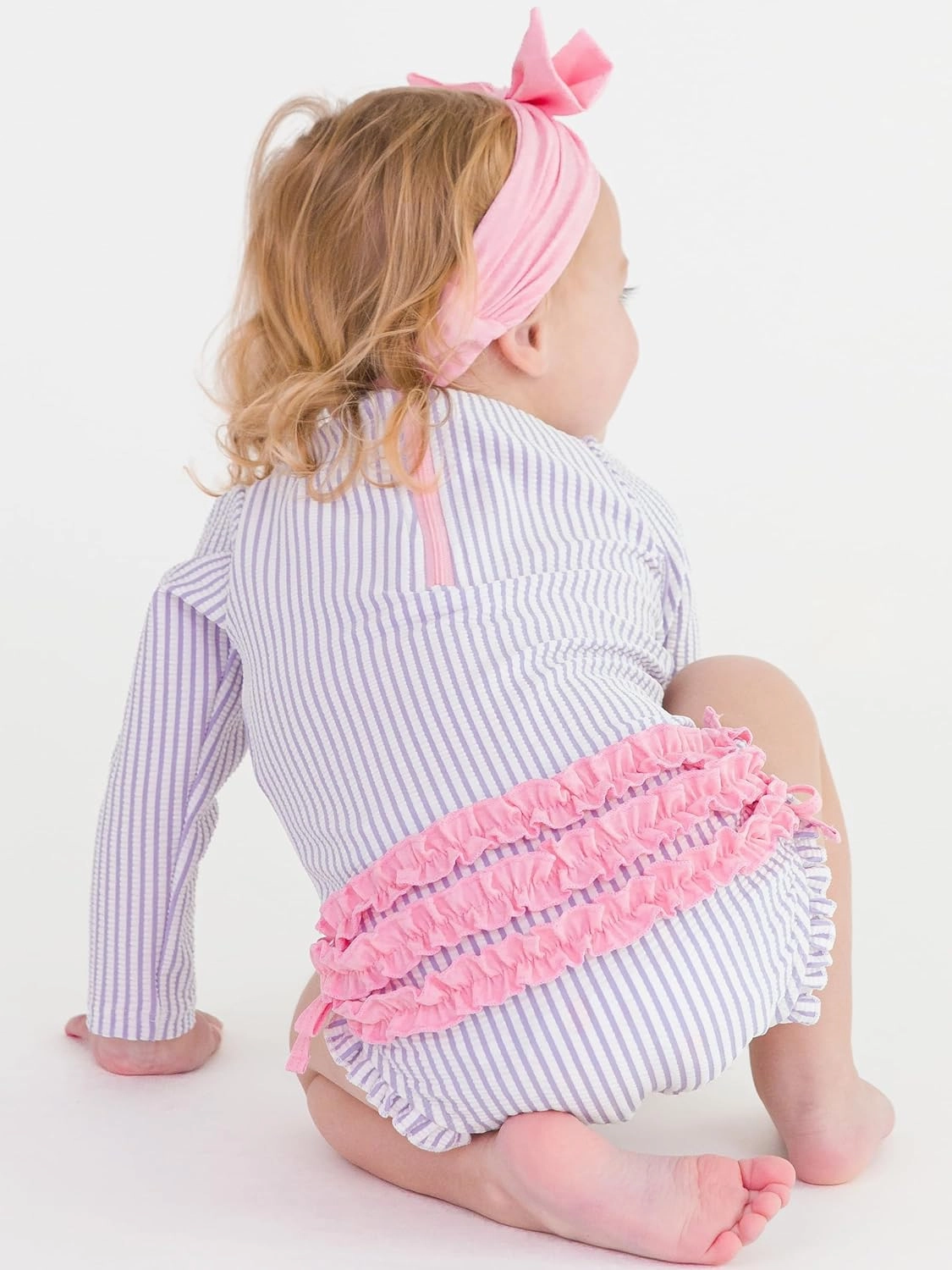 RuffleButts Baby/Toddler Girls Seersucker Long Sleeve One Piece Rash Guard Swimsuit with UPF 50  Sun Protection