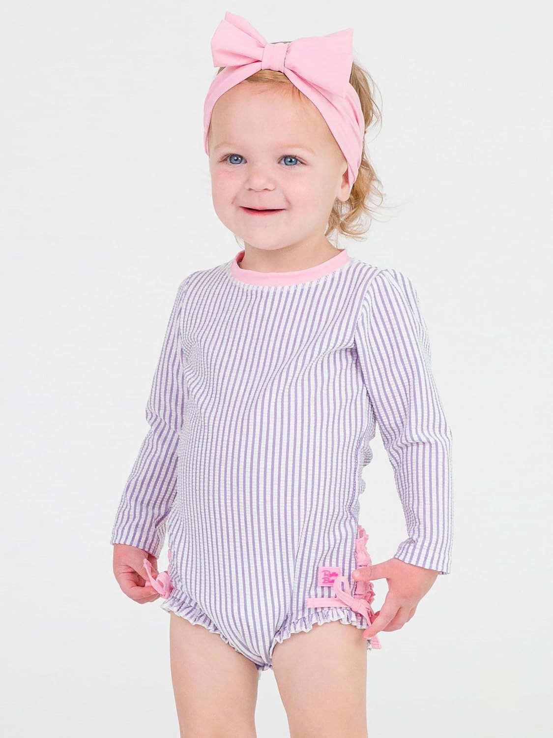 RuffleButts Baby/Toddler Girls Seersucker Long Sleeve One Piece Rash Guard Swimsuit with UPF 50  Sun Protection