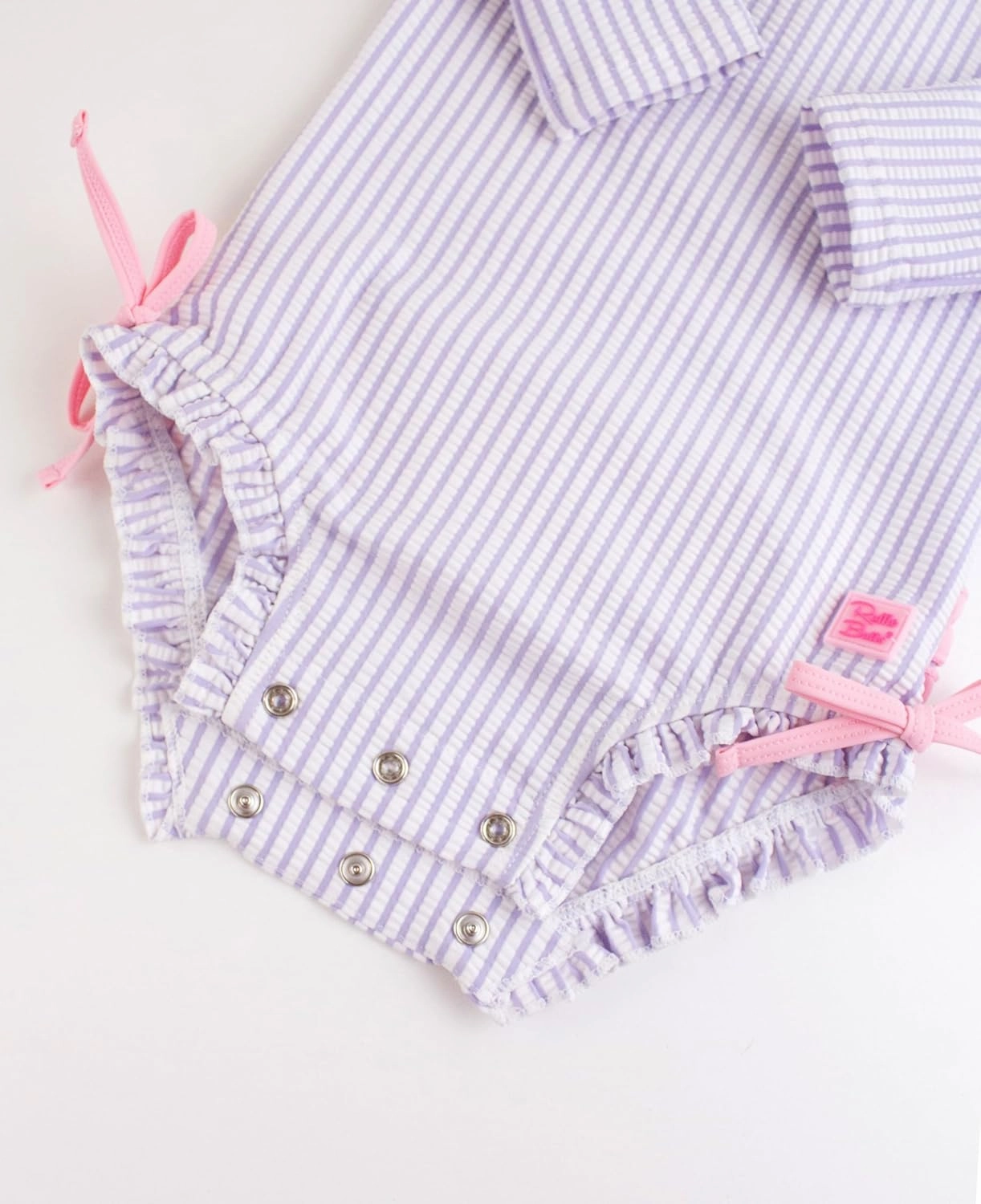 RuffleButts Baby/Toddler Girls Seersucker Long Sleeve One Piece Rash Guard Swimsuit with UPF 50  Sun Protection