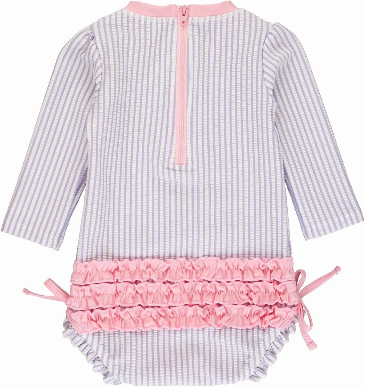 RuffleButts Baby/Toddler Girls Seersucker Long Sleeve One Piece Rash Guard Swimsuit with UPF 50  Sun Protection