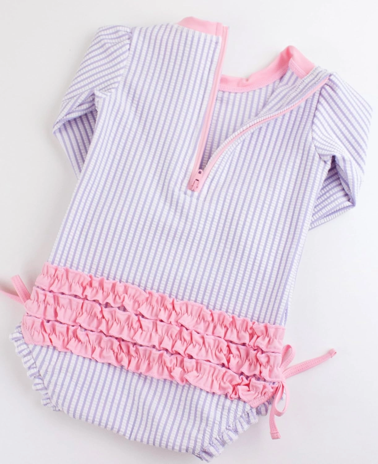 RuffleButts Baby/Toddler Girls Seersucker Long Sleeve One Piece Rash Guard Swimsuit with UPF 50  Sun Protection