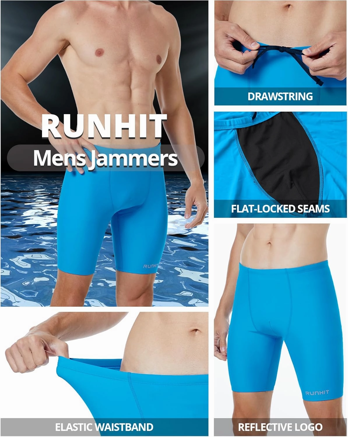 Runhit Men's Swim Jammers Competitive Swim Racing Team Swimsuit Quick Dry Athletic Swimming Shorts UPF 50 