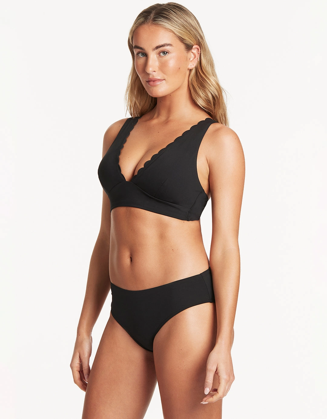 Scallop Longline Tri Bikini Top - Black