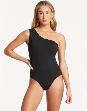 Scallop Wide Strap Diagonal Swimsuit - Black