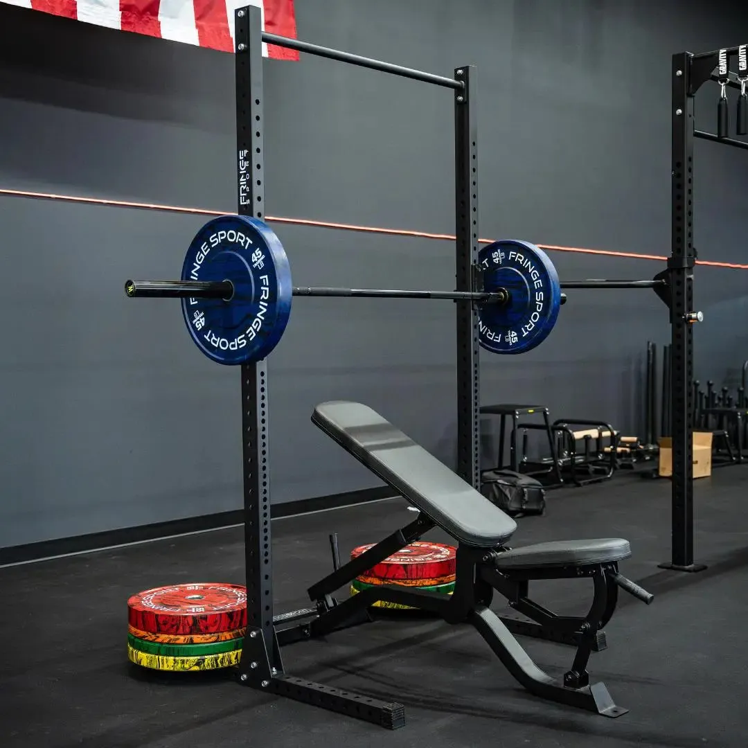 Garage Series Squat Rack Pull Up Bar, Bumper Plates, Weight plate storage pegs