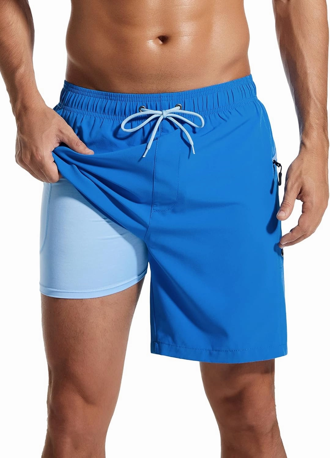 SILKWORLD 7 Inch Mens Swim Trunks with Compression Liner Quick-Dry Bathing Suit with Zipper Pockets