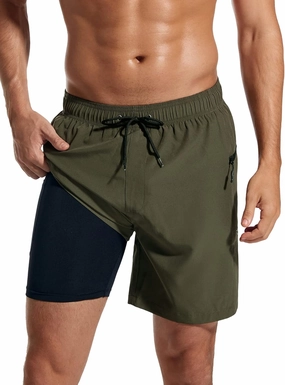 SILKWORLD 7 Inch Mens Swim Trunks with Compression Liner Quick-Dry Bathing Suit with Zipper Pockets