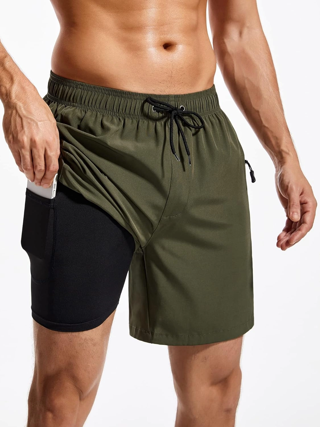 SILKWORLD 7 Inch Mens Swim Trunks with Compression Liner Quick-Dry Bathing Suit with Zipper Pockets