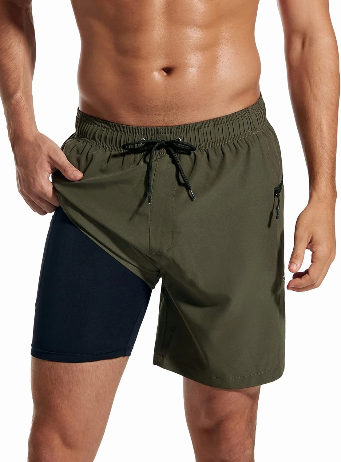 SILKWORLD 7 Inch Mens Swim Trunks with Compression Liner Quick-Dry Bathing Suit with Zipper Pockets