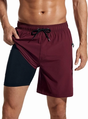 SILKWORLD 7 Inch Mens Swim Trunks with Compression Liner Quick-Dry Bathing Suit with Zipper Pockets