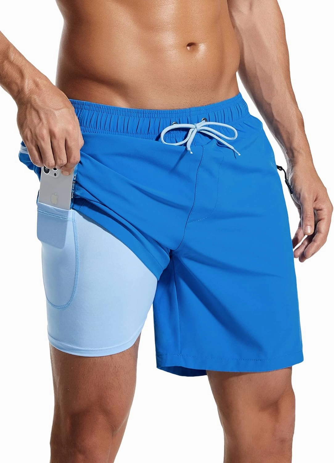 SILKWORLD 7 Inch Mens Swim Trunks with Compression Liner Quick-Dry Bathing Suit with Zipper Pockets