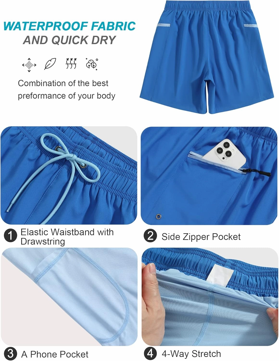 SILKWORLD 7 Inch Mens Swim Trunks with Compression Liner Quick-Dry Bathing Suit with Zipper Pockets