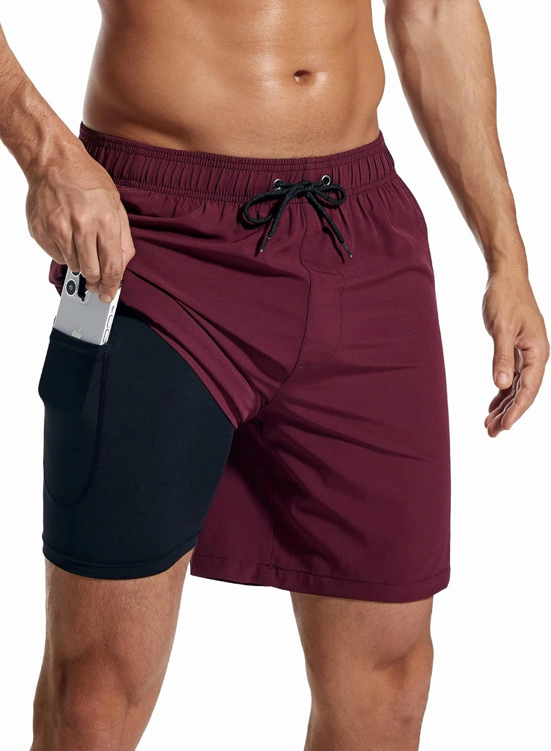 SILKWORLD 7 Inch Mens Swim Trunks with Compression Liner Quick-Dry Bathing Suit with Zipper Pockets