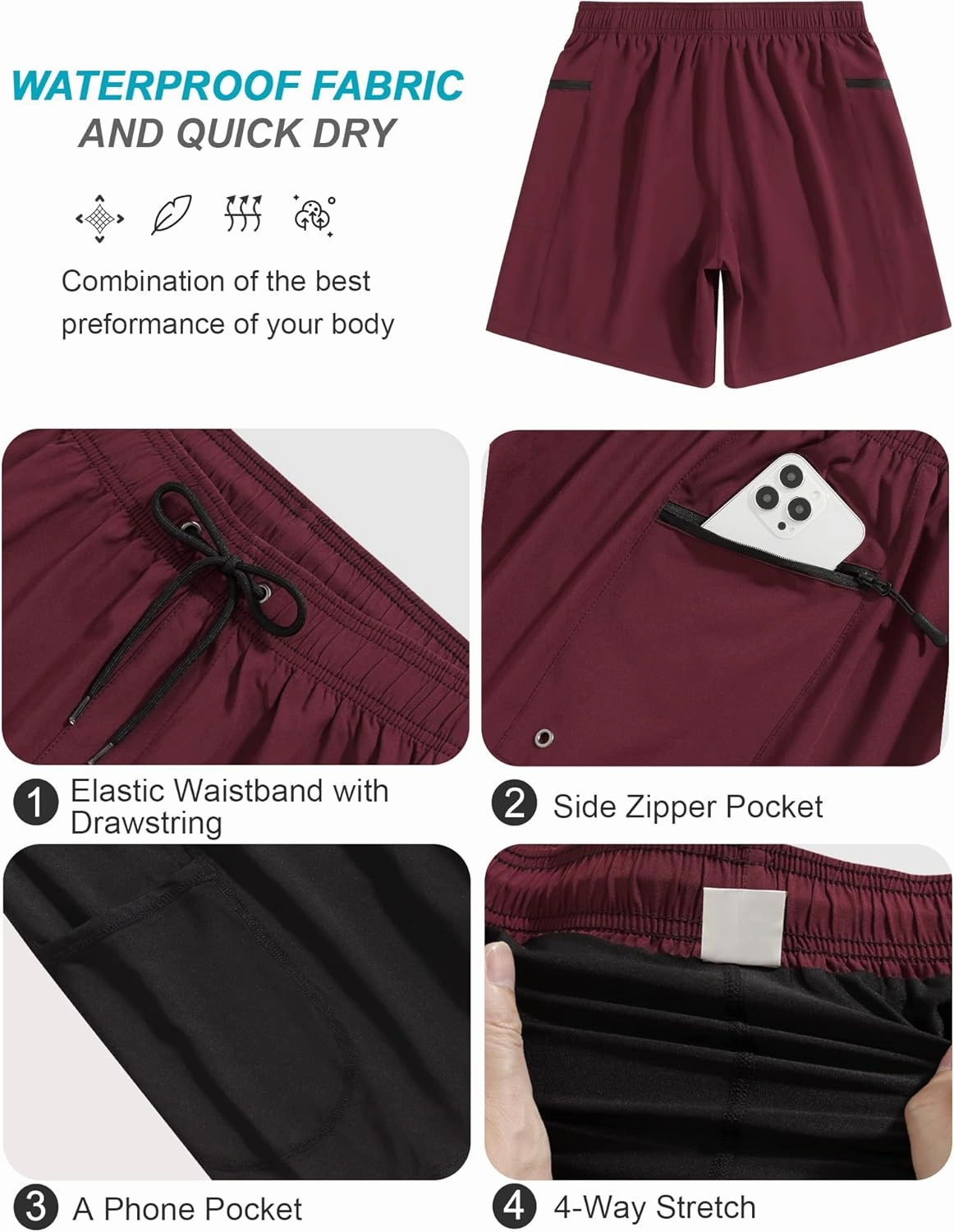 SILKWORLD 7 Inch Mens Swim Trunks with Compression Liner Quick-Dry Bathing Suit with Zipper Pockets
