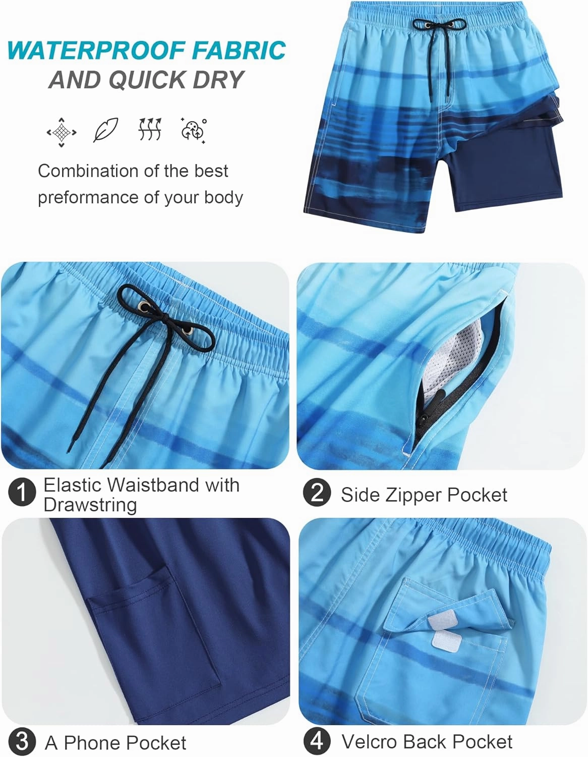 SILKWORLD Mens Swim Trunks Quick Dry Compression Liner 2 in 1 Shorts Men Swimsuit