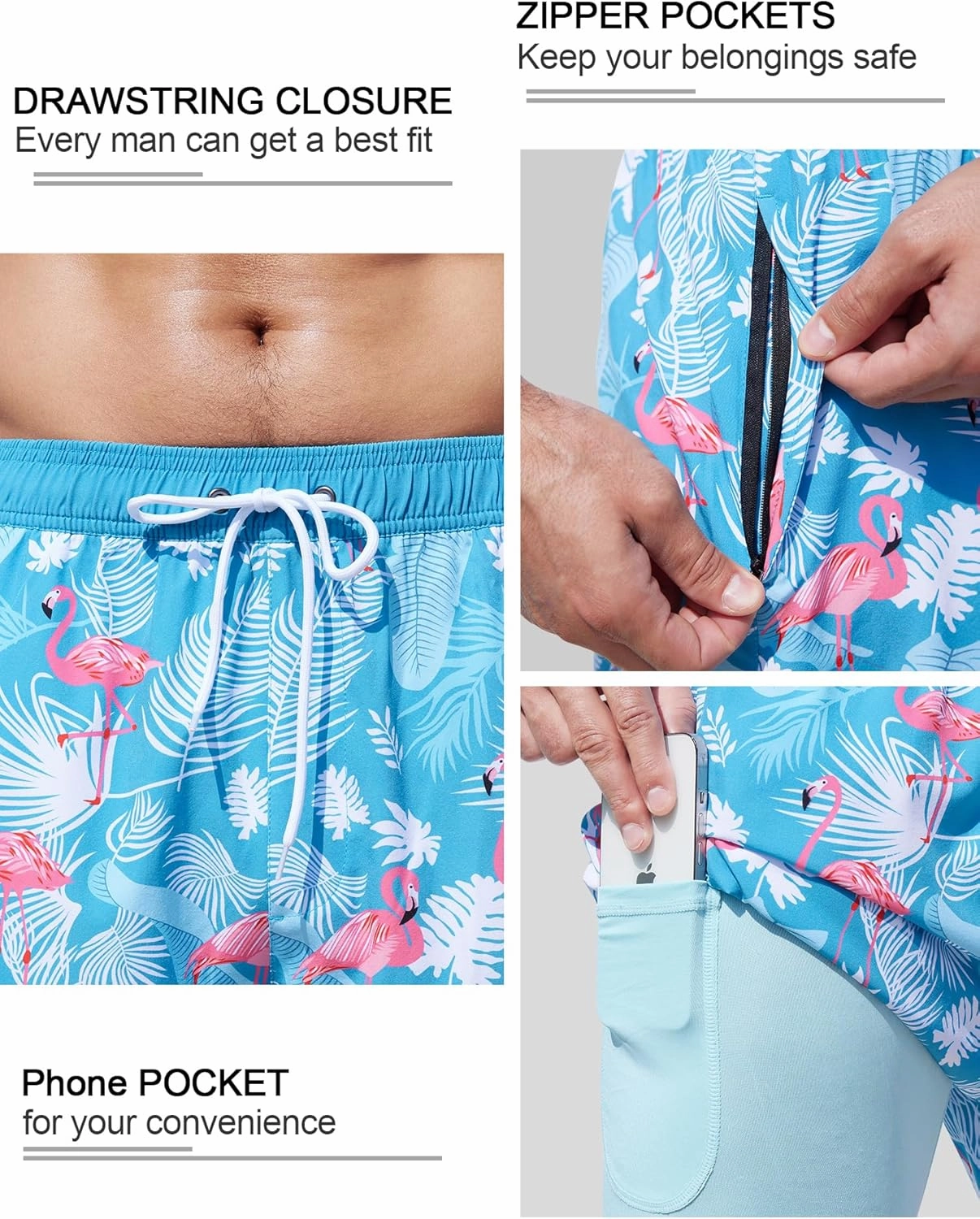 SILKWORLD Mens Swim Trunks Quick Dry Swimming Shorts with Compression Liner and Zipper Pockets