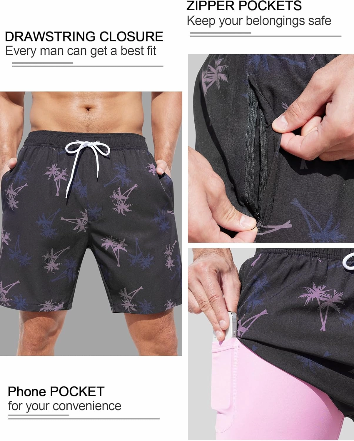 SILKWORLD Mens Swim Trunks Quick Dry Swimming Shorts with Compression Liner and Zipper Pockets