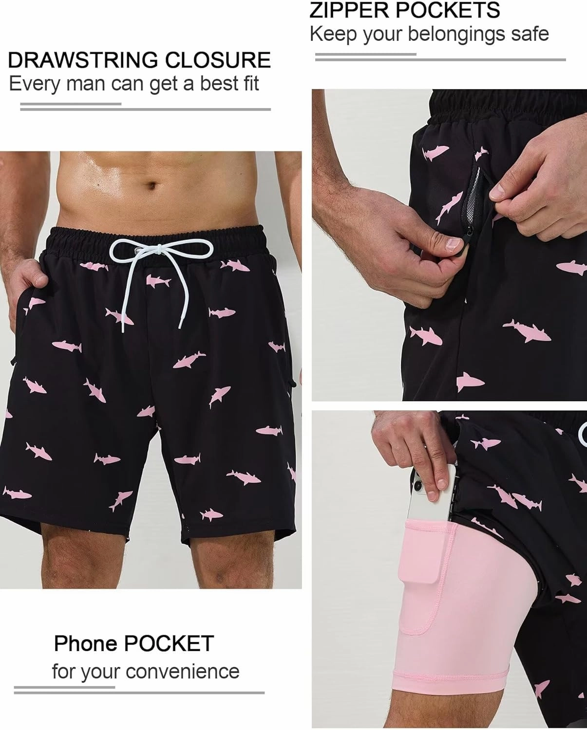SILKWORLD Mens Swim Trunks Quick Dry Swimming Shorts with Compression Liner and Zipper Pockets