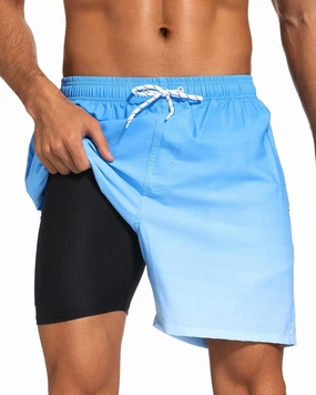 SILKWORLD Mens Swim Trunks with Compression Liner 2 in 1 Quick Dry Bathing Suit Beach Shorts with Zipper Pockets
