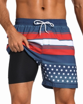 SILKWORLD Mens Swim Trunks with Compression Liner 2 in 1 Quick Dry Bathing Suit Beach Shorts with Zipper Pockets